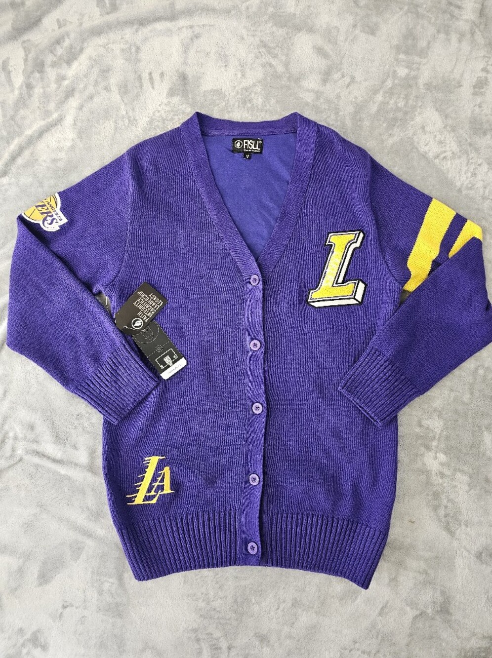 NWT Women's FISLL LA Lakers Chenille Letterman Cardigan Sweater Purple Sz M - Picture 3 of 13